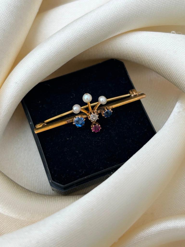 Antique Diamond Ruby Pearl and Sapphire Gold Bar Brooch - Image 3 of 6