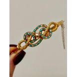 Antique 9ct Yellow Gold Turquoise and Pearl Bangle in Box