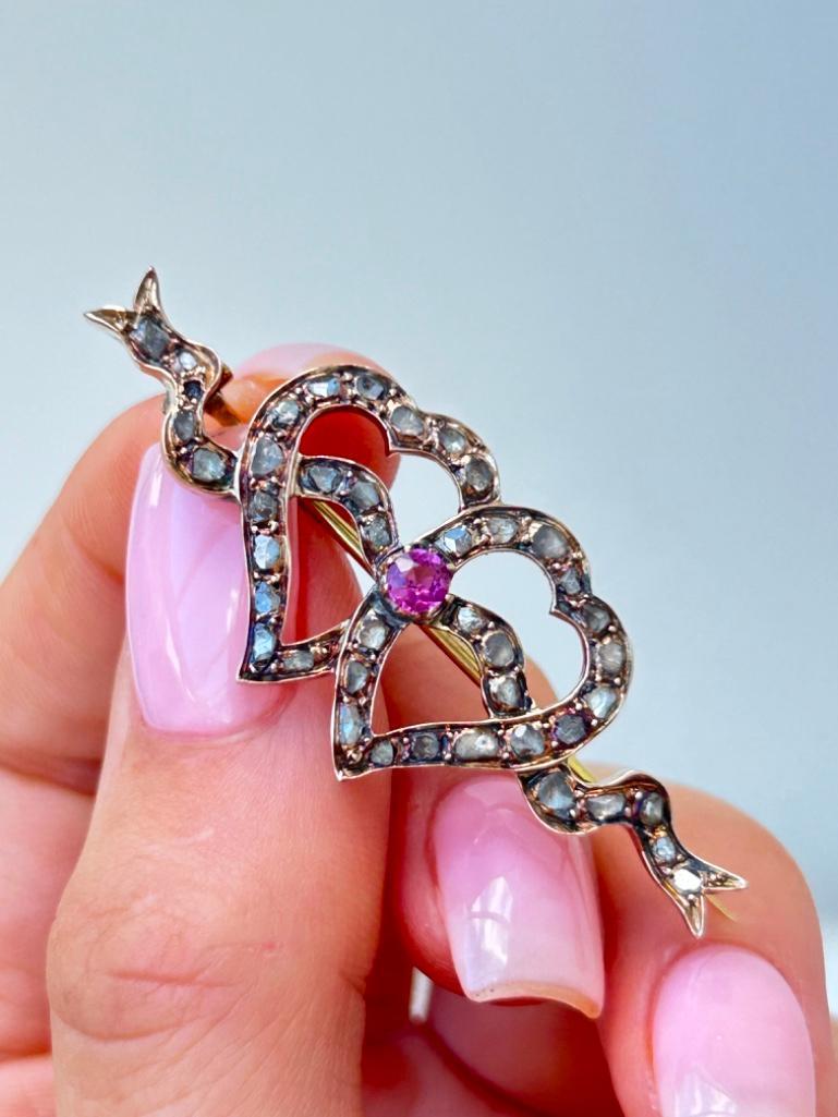 Antique Double Diamond and Ruby Double Hearts Brooch In Gold - Image 6 of 9