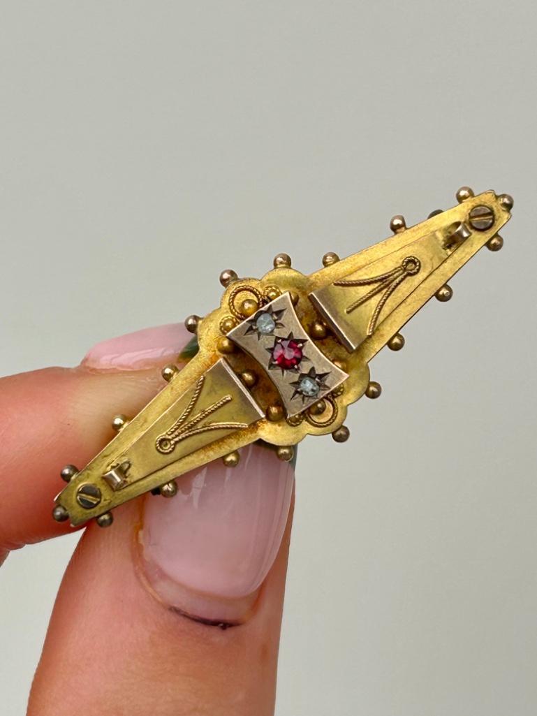 Antique Yellow Gold Ruby and Diamond 3 Star Bar Brooch