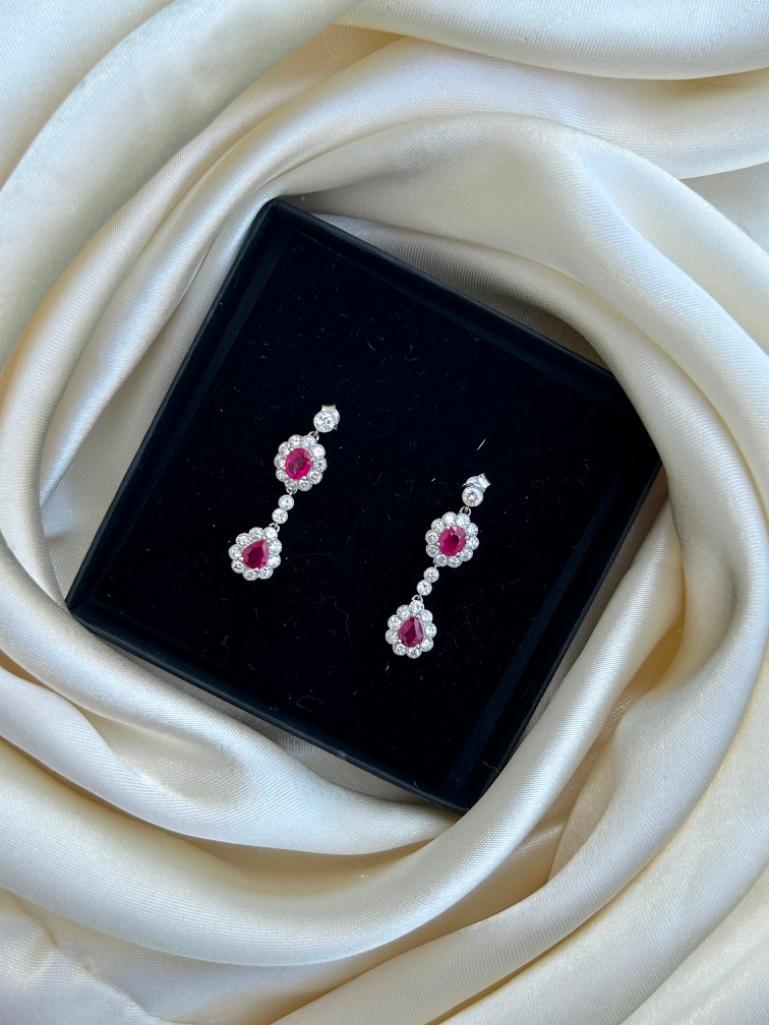 Stunning 18ct White Gold Ruby and Diamond Drop Earrings with Heart Detail Gallery - Image 2 of 6