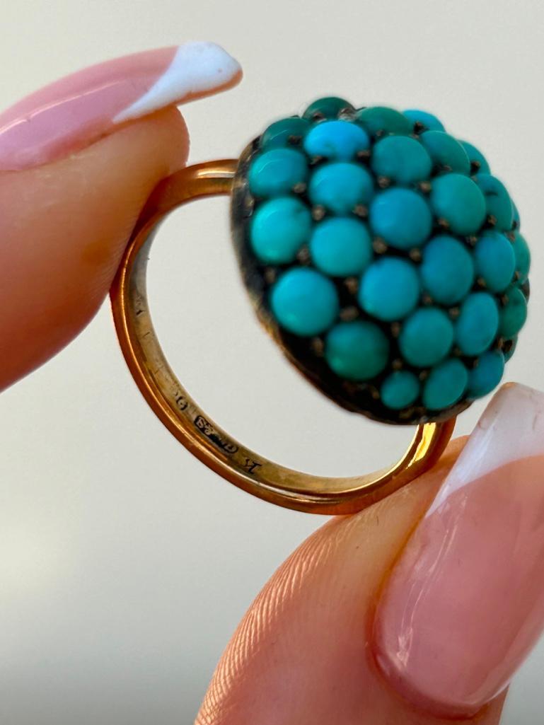 Antique 9ct Gold Turquoise Bombe Cluster Ring - Image 6 of 9