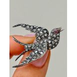 Large Antique 18ct Gold and Silver Diamond and Ruby Eye Bird / Swallow Brooch