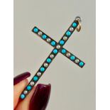 Antique Gold Turquoise and Pearl Large Cross Pendant