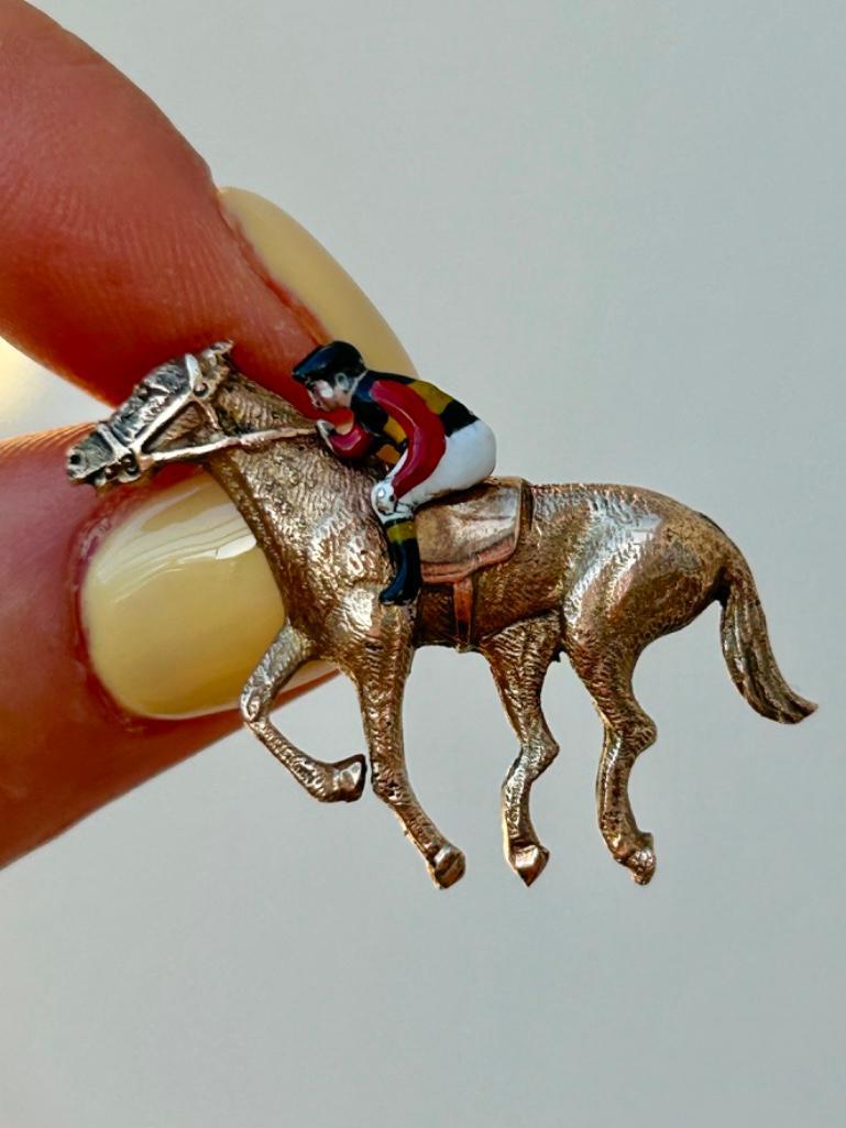C&F 9ct Yellow Gold and Enamel Horse and Jockey Brooch