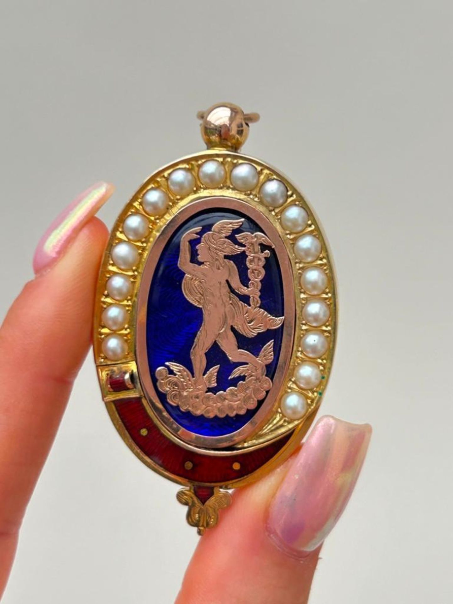 Rare Antique Gold Pearl Bristol Blue Glass and Enamel Large Pendant - Image 3 of 6
