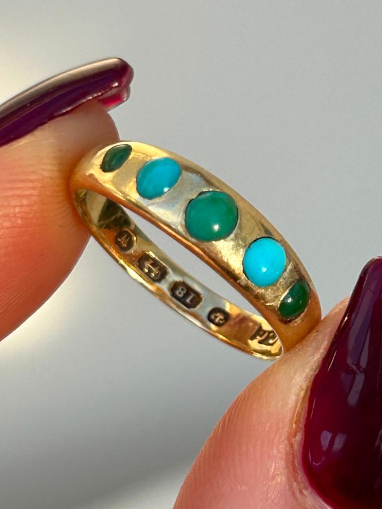 Antique 18ct Yellow Gold Turquoise 5 Stone Band Style Ring - Image 5 of 7