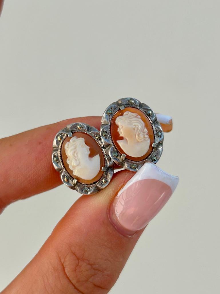 Silver and Marcasite Cameo Brooch / Earrings Suite - Image 5 of 5