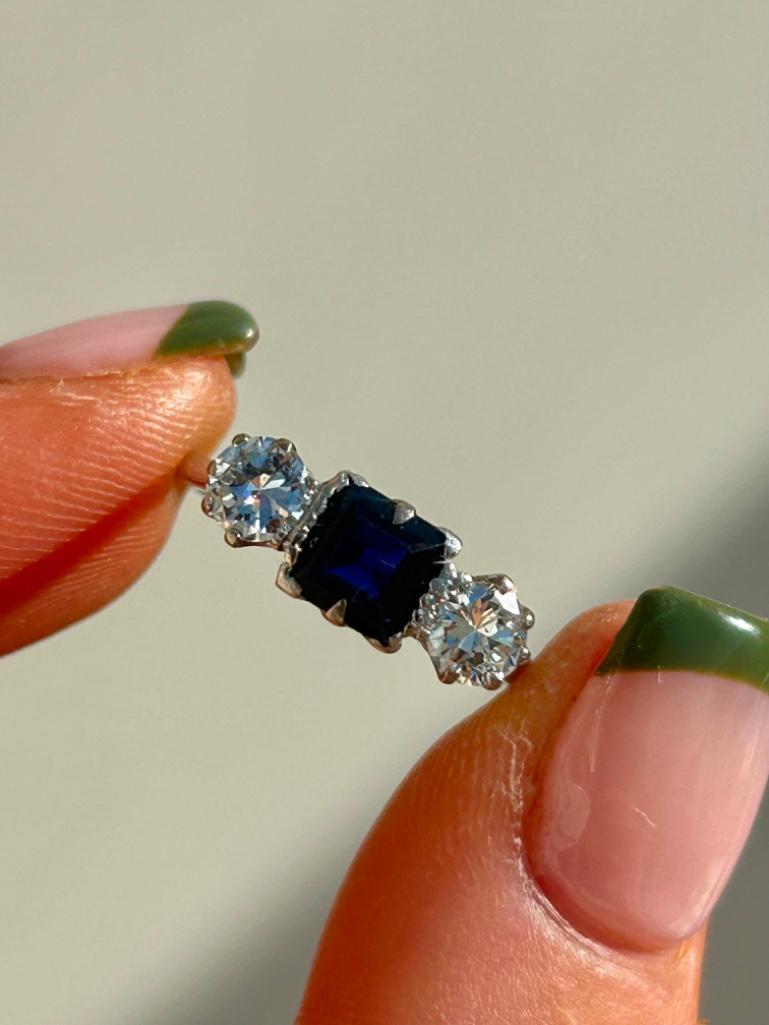 Art Deco Sapphire, Diamond and Platinum Three Stone Ring