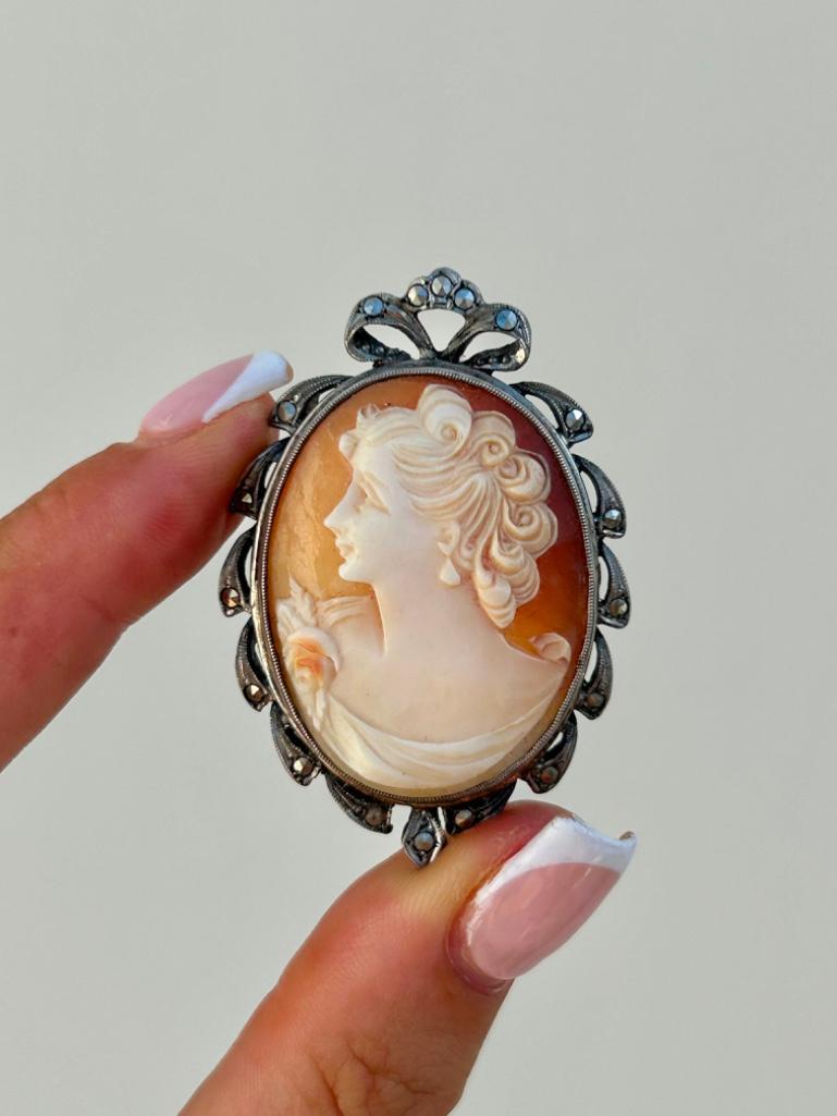 Silver and Marcasite Cameo Brooch / Earrings Suite - Image 3 of 5