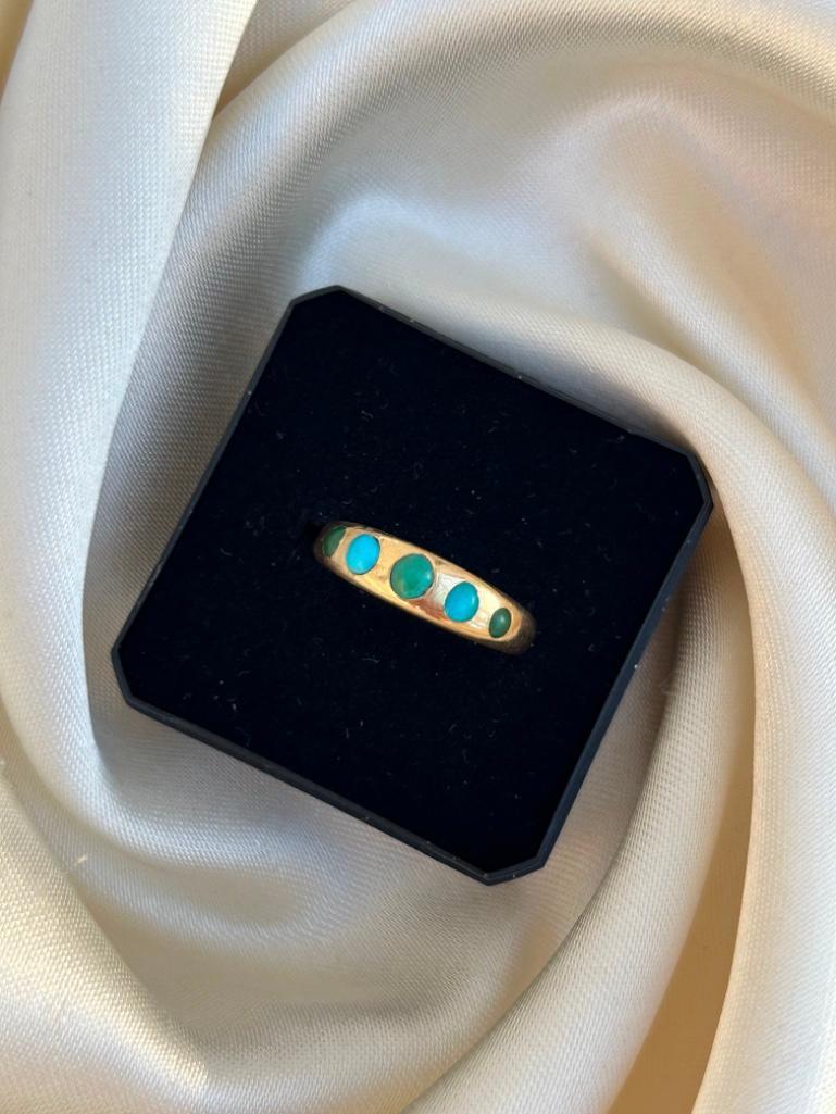 Antique 18ct Yellow Gold Turquoise 5 Stone Band Style Ring - Image 4 of 7