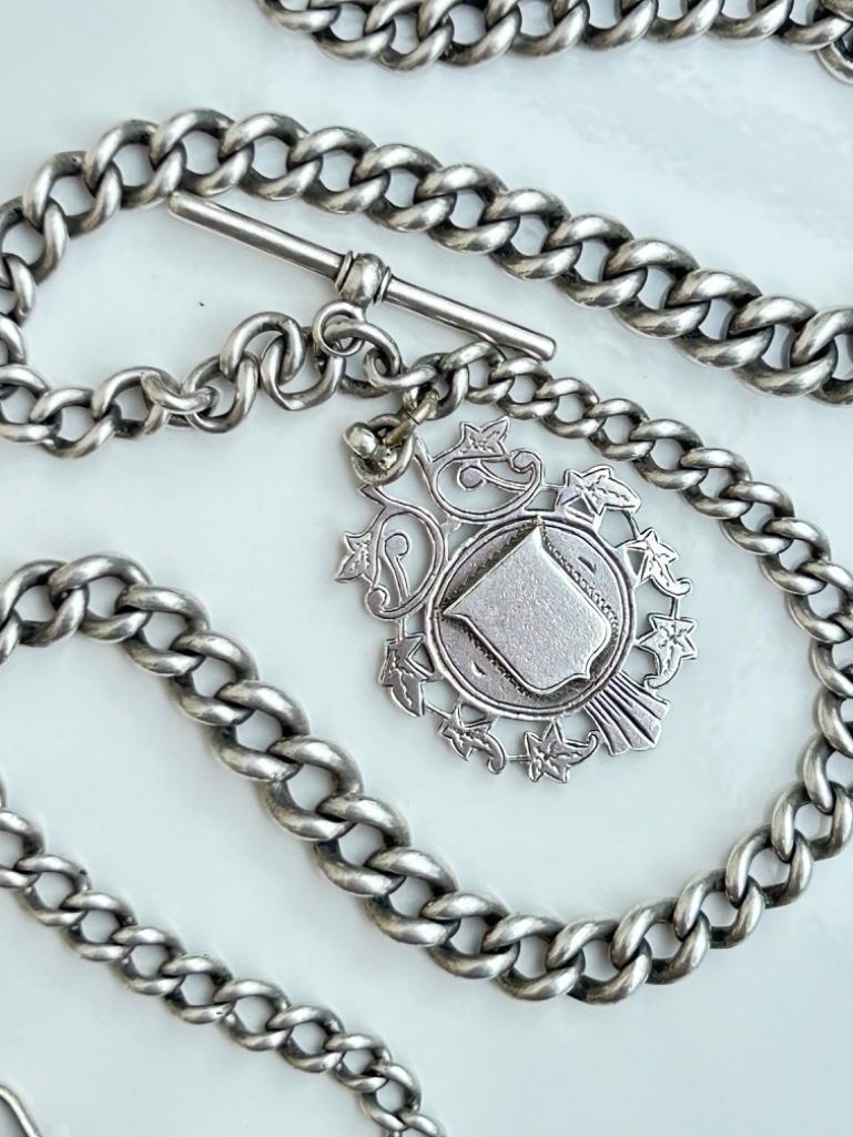 Antique Heavy Sterling Silver Double Albert Chain by Fattorini with Medal - Image 3 of 7