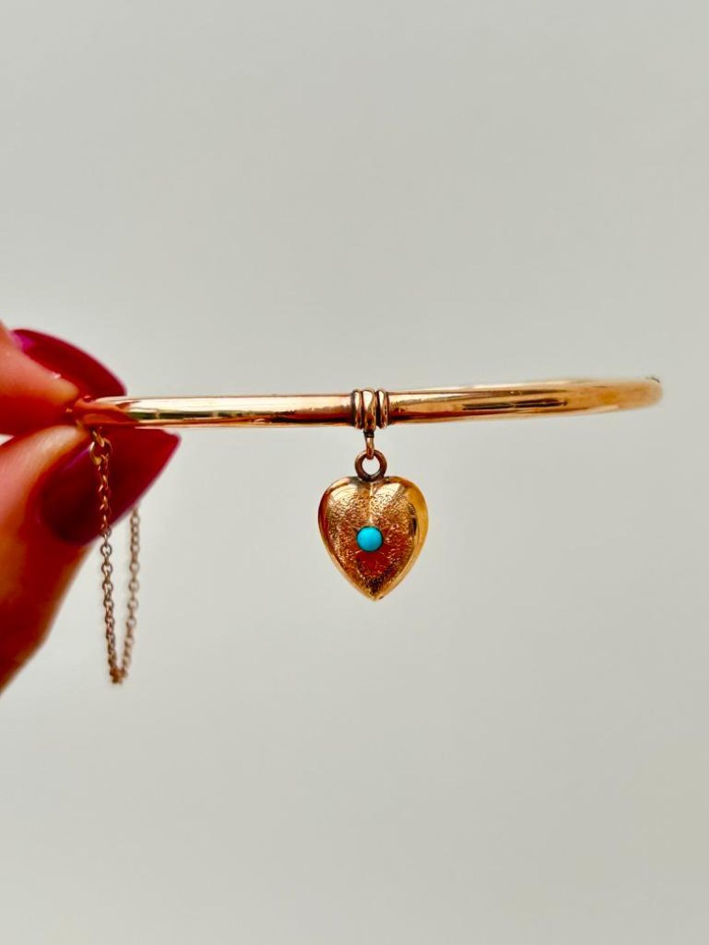 Antique Gold Turquoise Hanging Heart Bangle Bracelet - Image 3 of 9