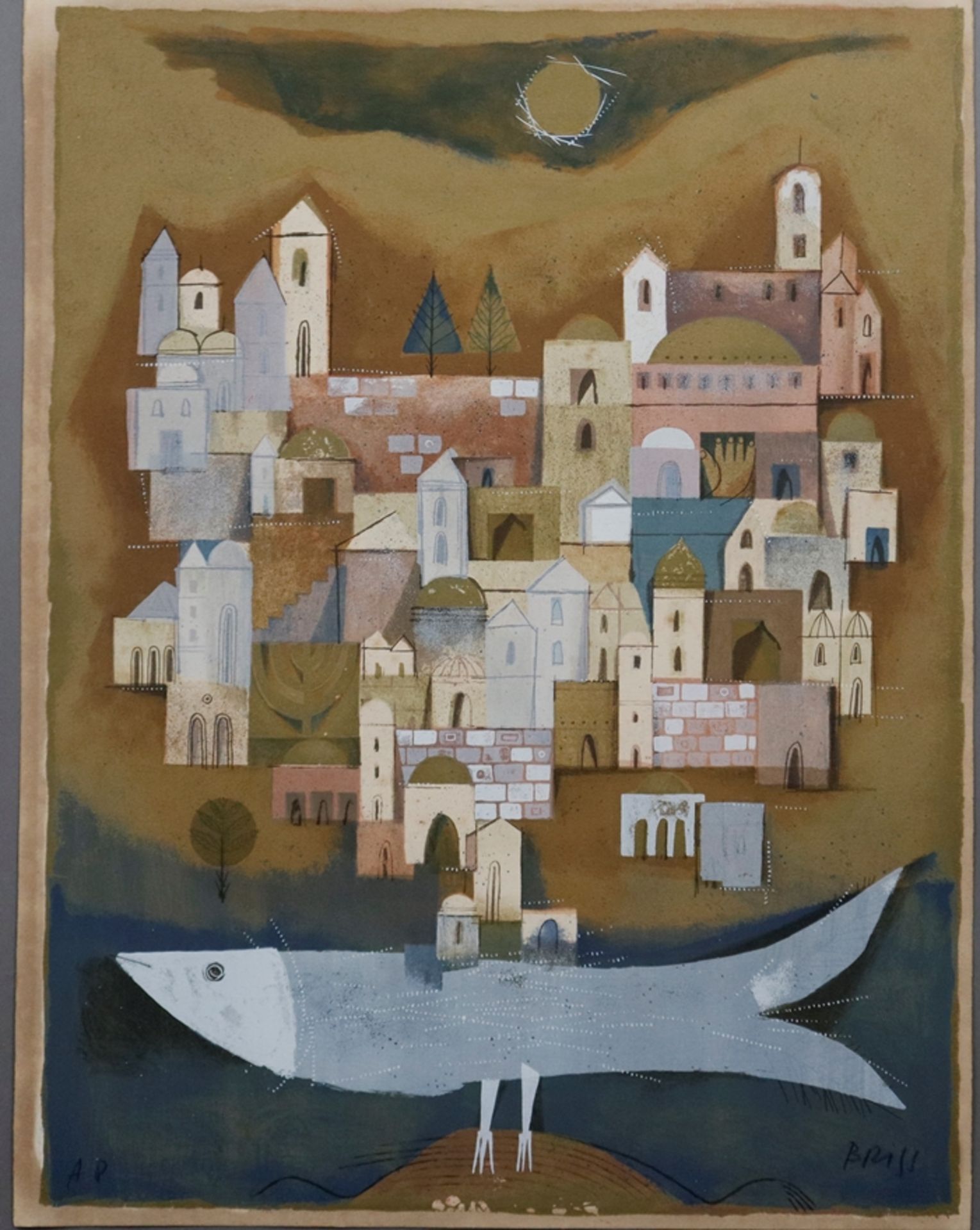 Briss, Sami (1930 Iași / Rumänien - Stadtansicht mit Fisch / Drei Musikerinnen mit Vogel, zwei Farb