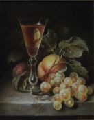 Martin, Eric (*1948 Bremen) - Früchtestillleben mit Trauben, Pfirsichen und Weinglas, Öl auf Holz, 