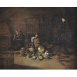 Flämische Schule des 18. Jahrhunderts / Genremaler -- Kücheninterieur mit bäuerlichem Paar beim Têt