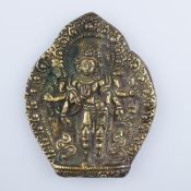 Plakette mit Darstellung des Avalokiteshvara in Aureole-Kupferbronze, vergoldet, auf einfachem Lotu