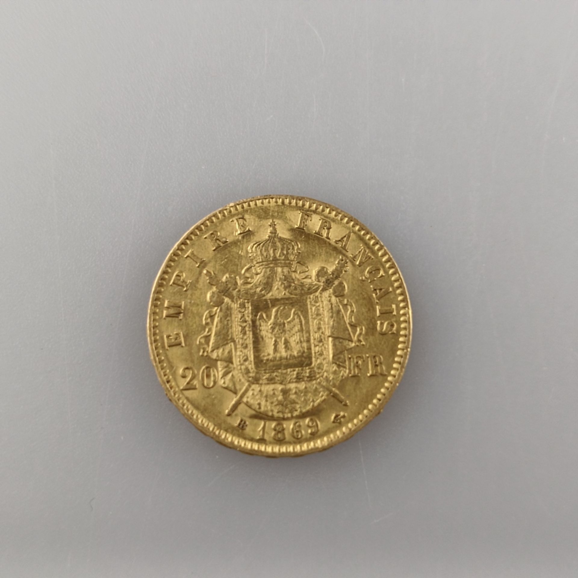 Goldmünze 20 Francs 1867 - Frankreich, Napoleon III Empereur, 900/000 Gold, Entwurf: Barre, Prägema - Image 2 of 3