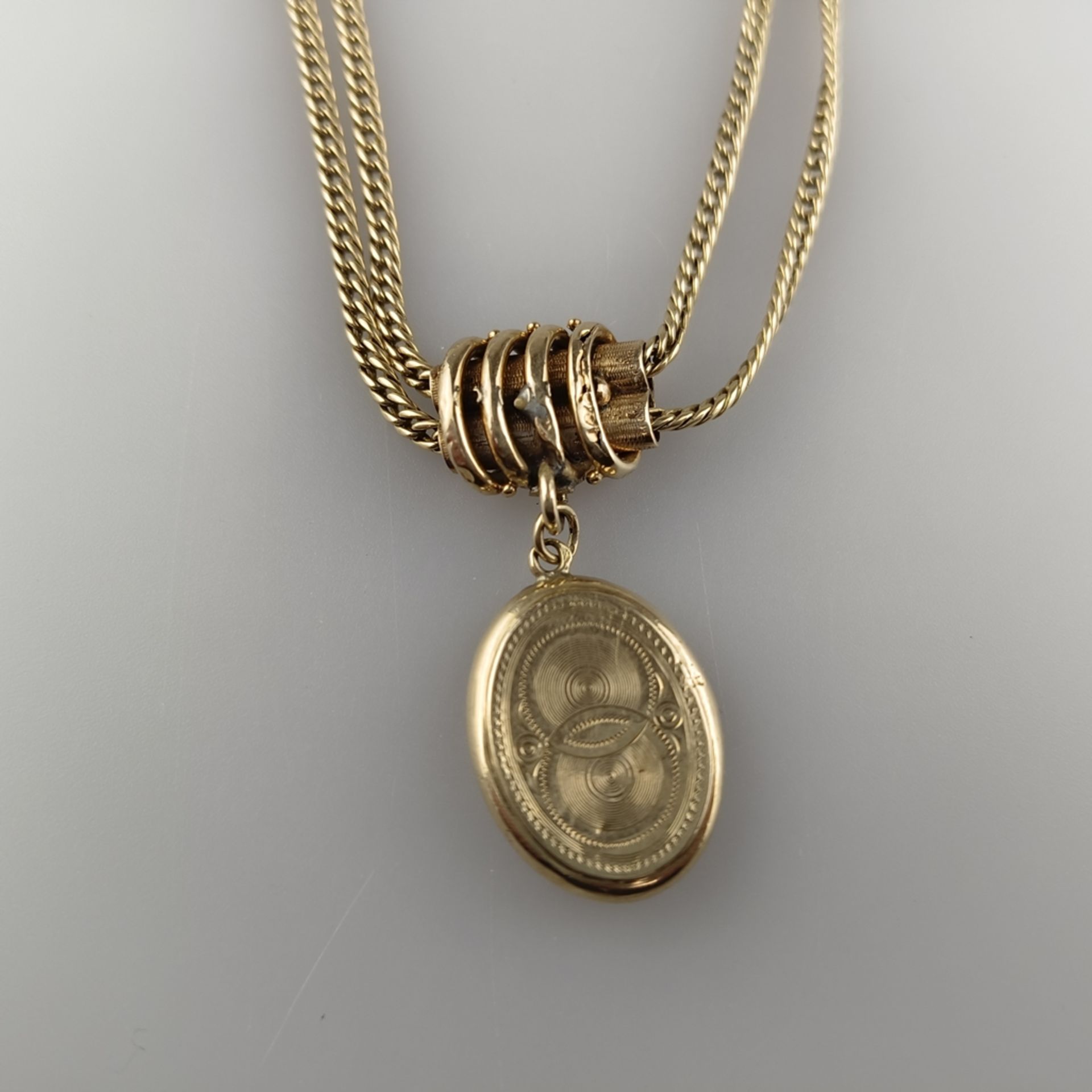 Taschenuhren-Knebelkette - 14K Gelbgold (585/000), mit ovalem Medaillonanhänger aus Schaumgold, L.  - Bild 2 aus 5