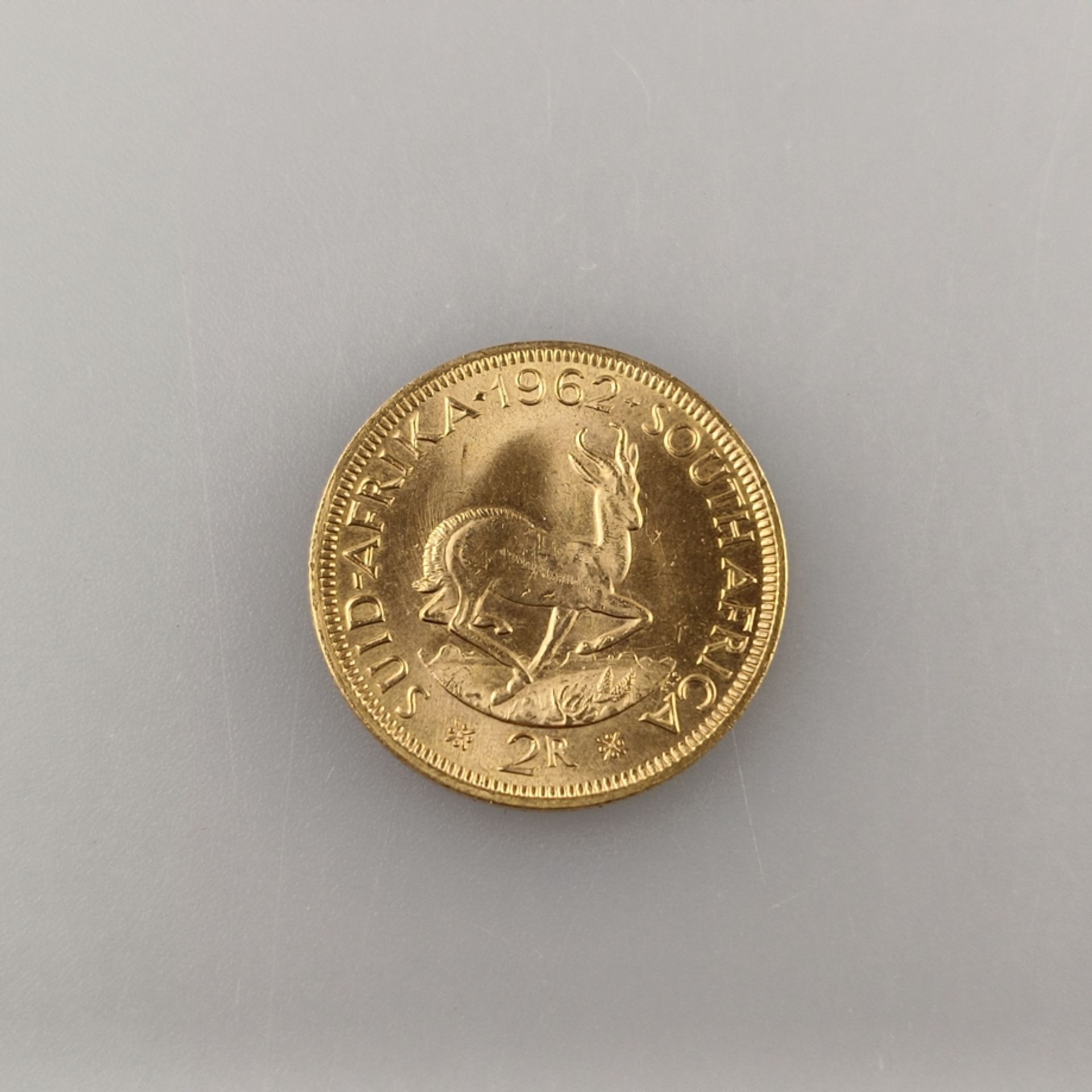 Goldmünze 2 Rand 1962 - Südafrika, Jan van Riebeeck, Revers: Kap-Springbock, 916/000 Gold, Dm. 22 m - Image 2 of 3