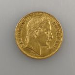 Goldmünze 20 Francs 1867 - Frankreich, Napoleon III Empereur, 900/000 Gold, Entwurf: Barre, Prägema