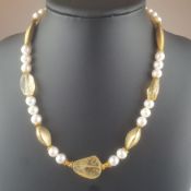 Perlenkette mit Citrinen - Halskette aus runden Perlen (Dm. 9mm), alternierend mit vergoldeten Meta