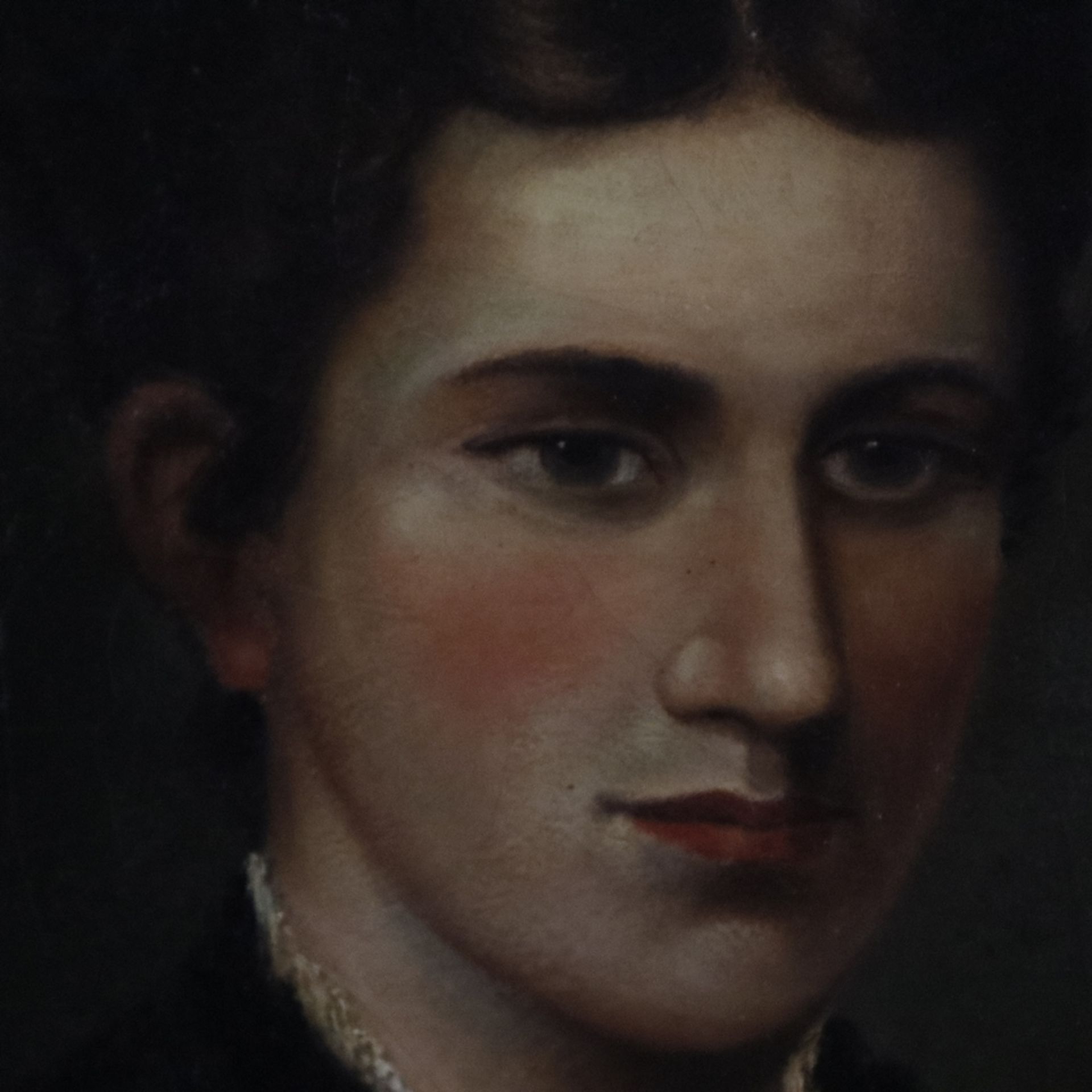 Unbekannte/r Bildnismaler/in (19. Jh.) - Ovales Brustbildnis einer jungen Frau in schwarzem Kleid m - Bild 3 aus 6