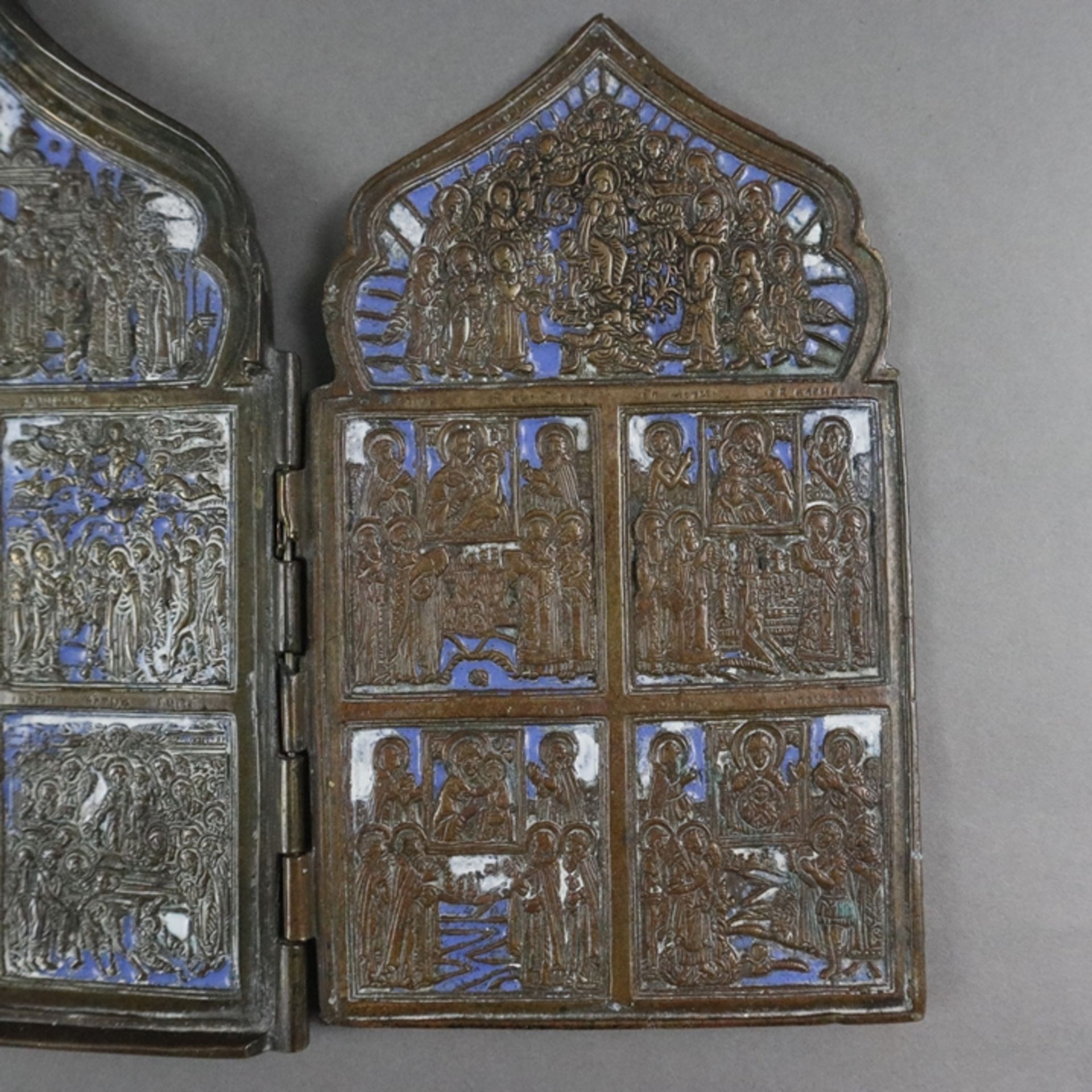 Festtags-Reiseikone - Russland, 19.Jh. / um 1900, Bronzelegierung, blau und weiß emailliert, Tetrap - Bild 5 aus 10