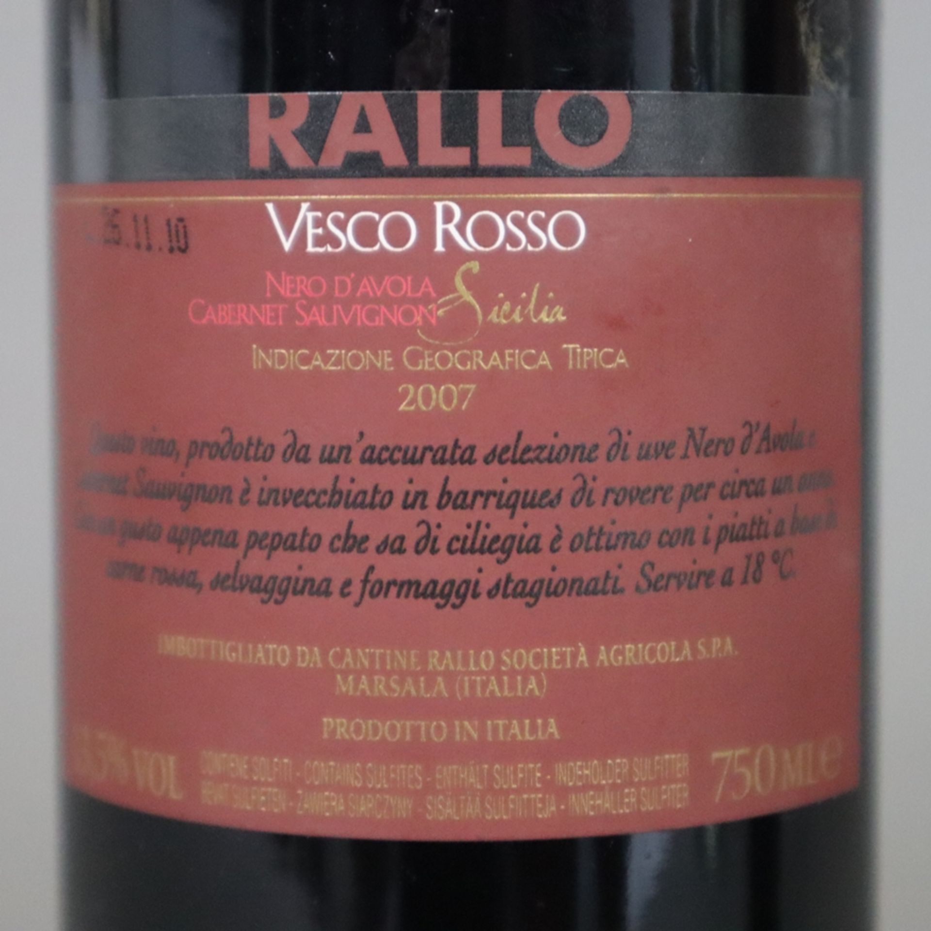 Weinkonvolut - 2 Flaschen 2007 Rallo Vesco Rosso Nero d'Avola /Cabernet Sauvignon Sicilia IG, Itali - Bild 5 aus 5