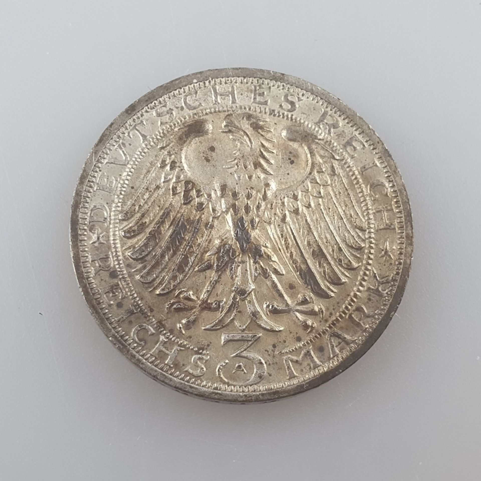 Silbermünze 3 Reichsmark 1928 - Weimarer Republik, 900 Jahre Naumburg, 500/000 Silber, Dm. 30 mm, - Image 2 of 3