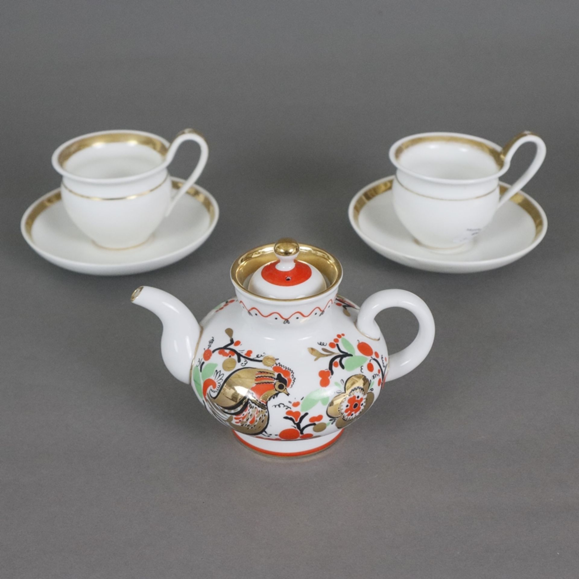 Russische Teekanne und zwei Empire-Tassen - Porzellan, 1x kleine Teekanne, Lomonosov, St. Petersbur