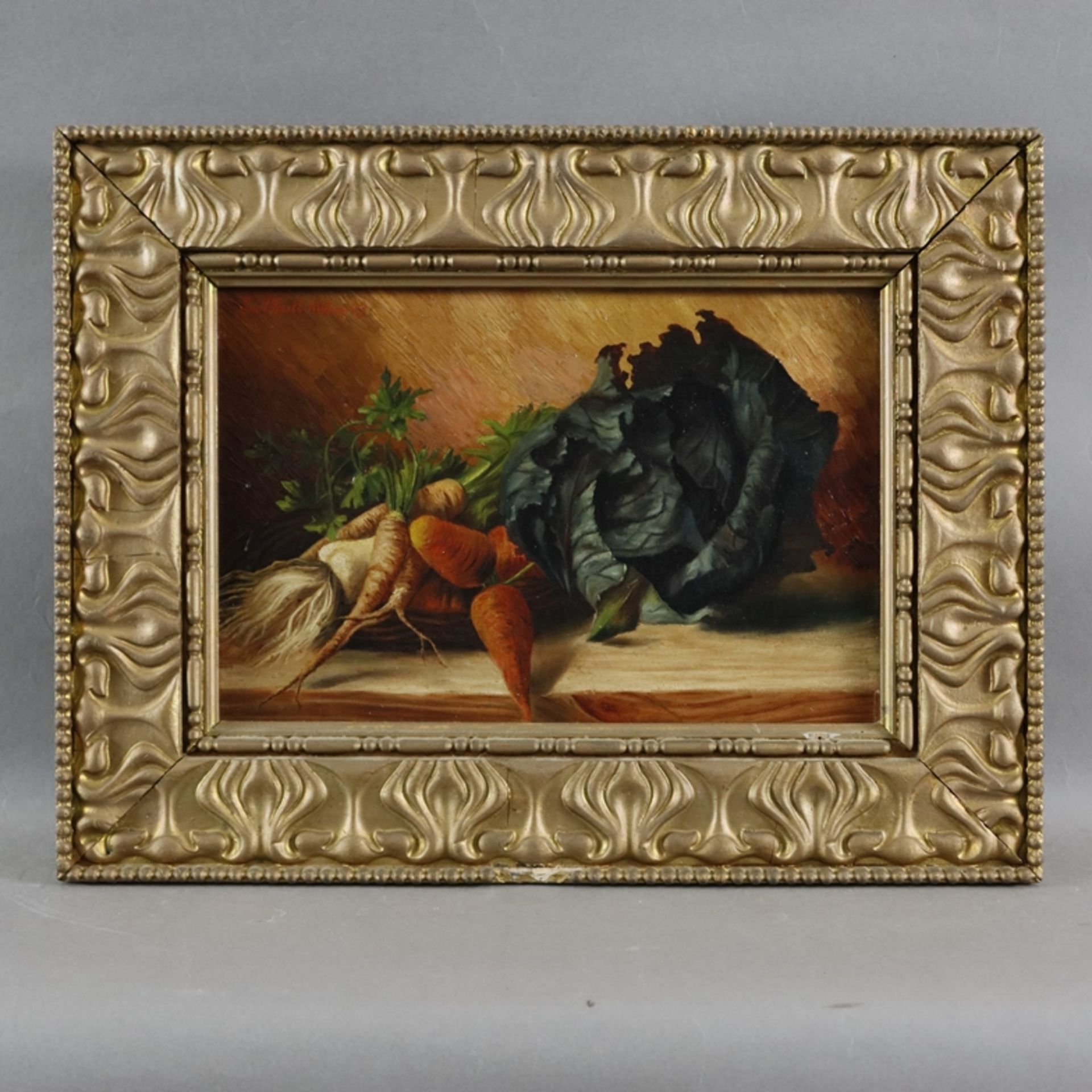 Knoll, Emil (1878-?, deutscher Maler) - Stillleben mit Gemüse, Öl auf Leinwand, oben links signiert - Image 2 of 6