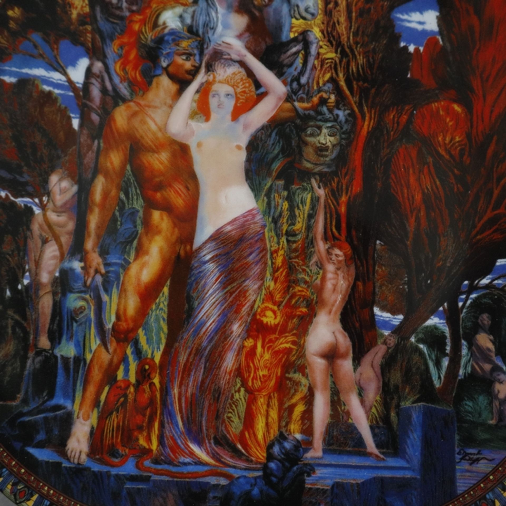 Drei Künstlerteller - 20. Jh., Porzellan, 2x farbige Motive nach Ernst Fuchs: "Adam und Eva" und "A - Bild 6 aus 8