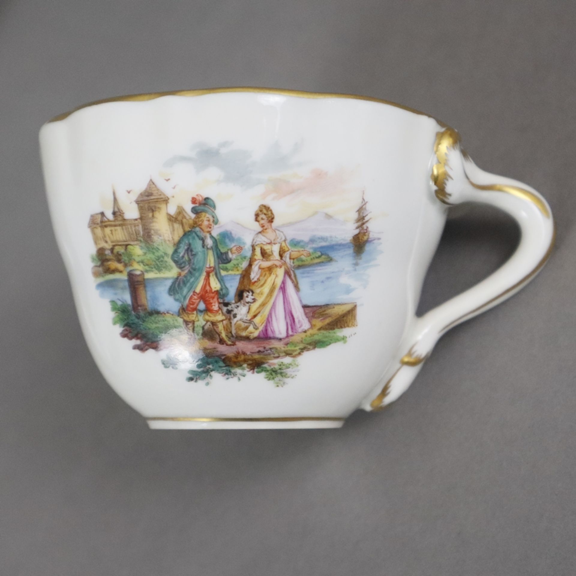 Paar Tassen mit Untertassen - Porzellan, Bodenmarke Striegau mit Zusatz "Dresdener Handmalerei", 1x - Bild 2 aus 9