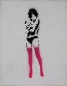 Banksy - "Dismal Canvas" mit Motiv "Banksy Mädchen umarmt Teddy", 2015, Souvenir aus der Ausstellun