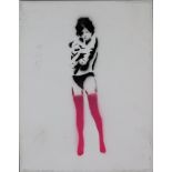Banksy - "Dismal Canvas" mit Motiv "Banksy Mädchen umarmt Teddy", 2015, Souvenir aus der Ausstellun