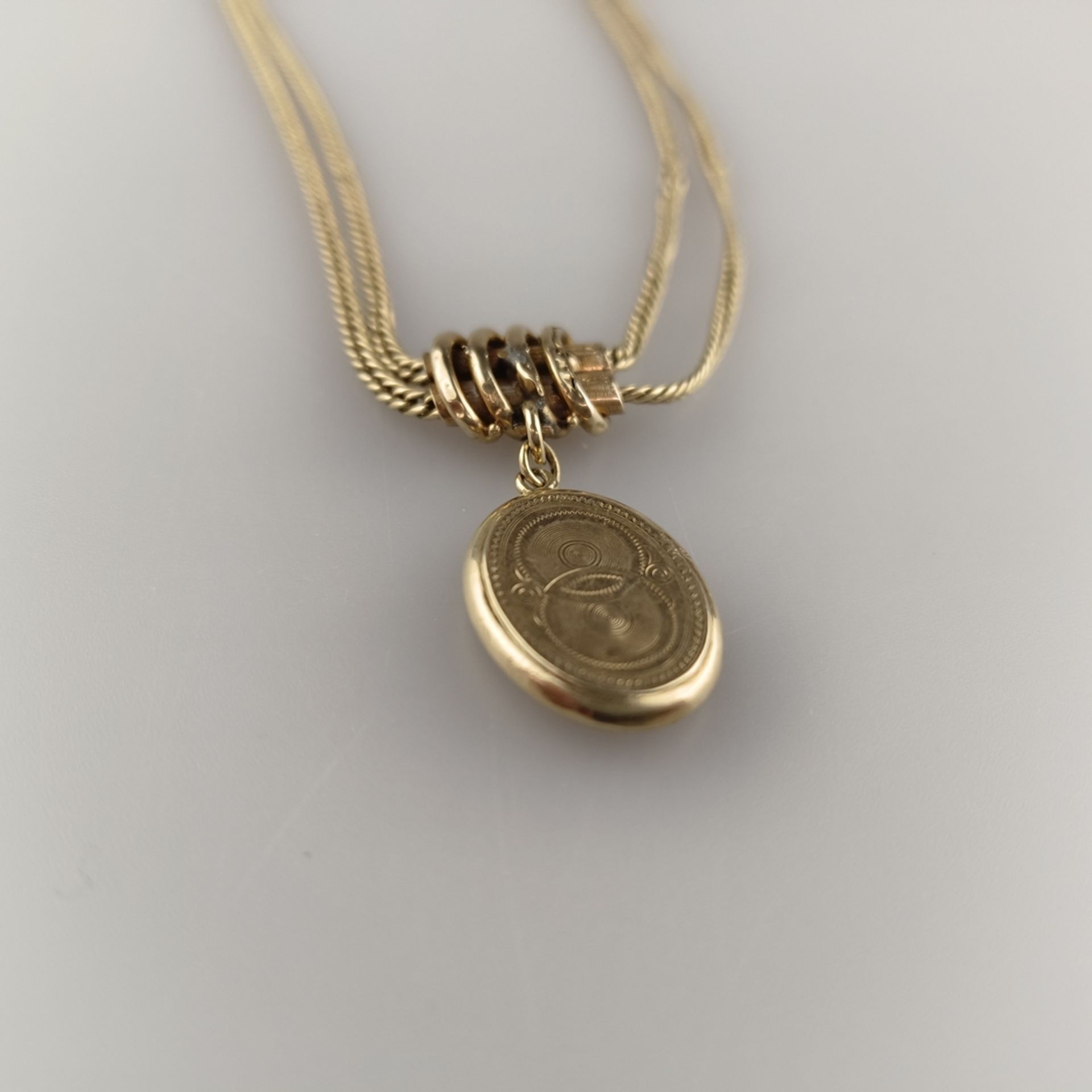 Taschenuhren-Knebelkette - 14K Gelbgold (585/000), mit ovalem Medaillonanhänger aus Schaumgold, L.  - Bild 3 aus 5