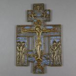 Erweitertes Segenskreuz - Russland, 19. Jh./um 1900, Bronzelegierung, teils blau emailliert, relief