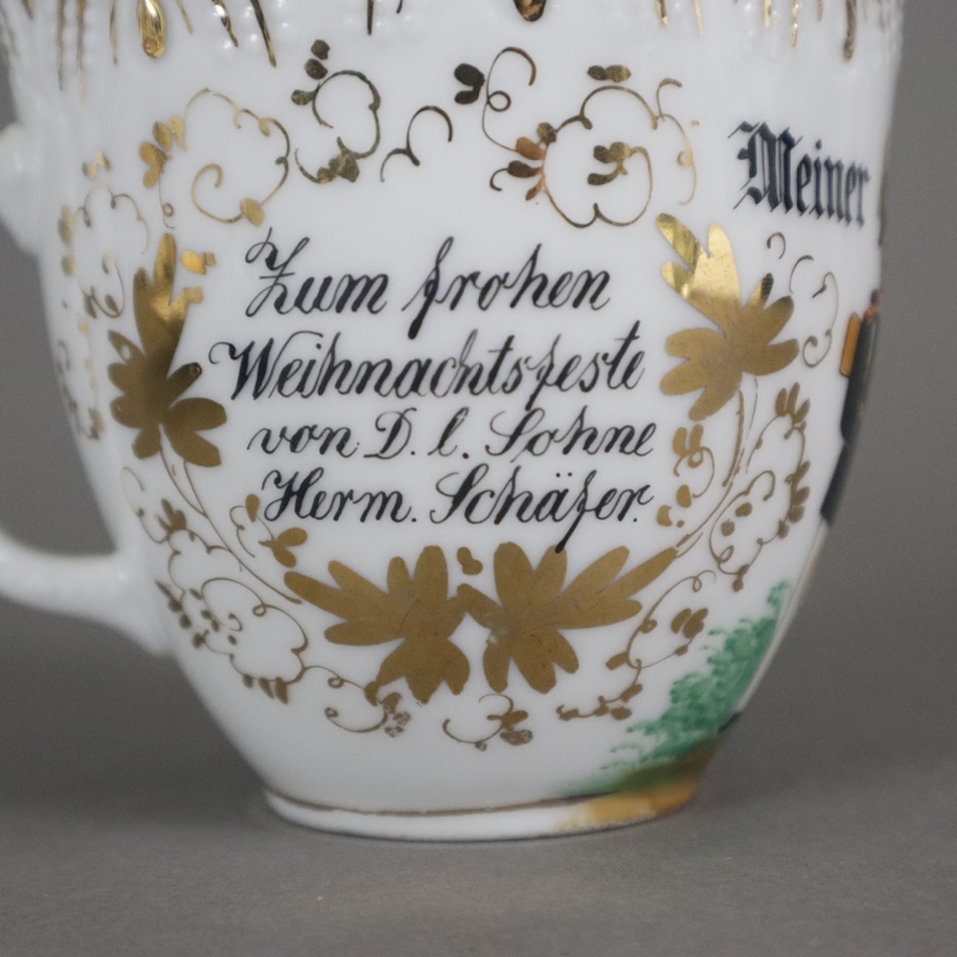 Reservisten-Andenktasse mit Untertasse "Wohl bekomms liebe Mutter"- deutsch um 1900, Porzellan, pol - Image 5 of 10