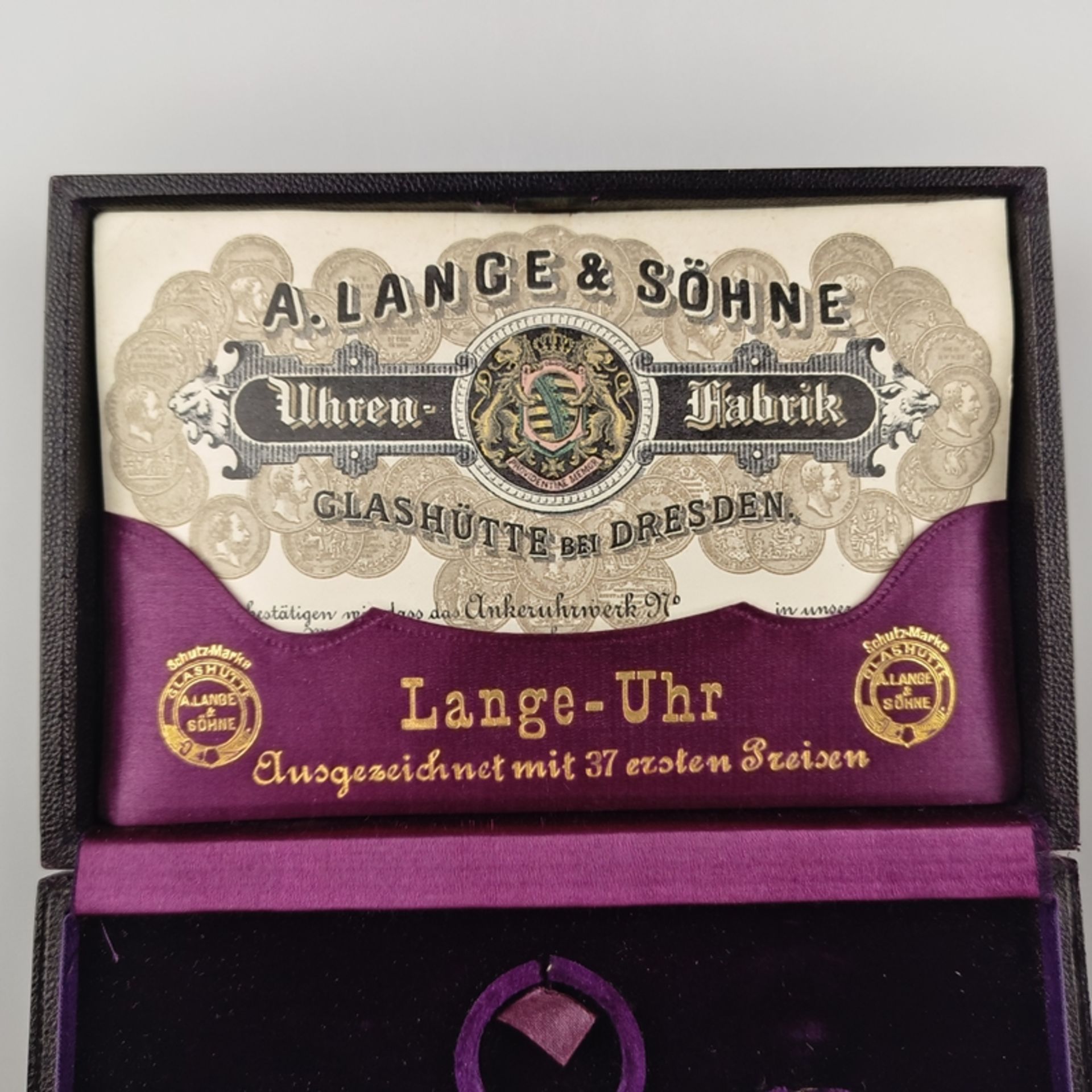 Uhrenkasten für Taschenuhr- A. Lange & Söhne, Glashütte bei Dresden, Holzbox, außen: schwarz mit go - Image 3 of 6