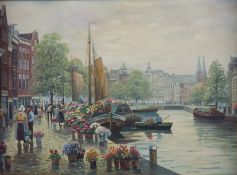 Schlichting, G. (20. Jh.) - Blumenmarkt an einem Kanal in Amsterdam, Öl auf Leinwand, unten links s