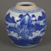 Kleiner Blau-Weiß-Deckeltopf - China, späte Qing-Dynastie, Porzellan, auf der Wandung Shan-Shui-Lan