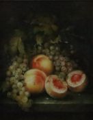 Martin, Eric (*1948 Bremen) - Früchtestillleben mit Trauben, Pfirsichen und Weinglas, Öl auf Holz, 