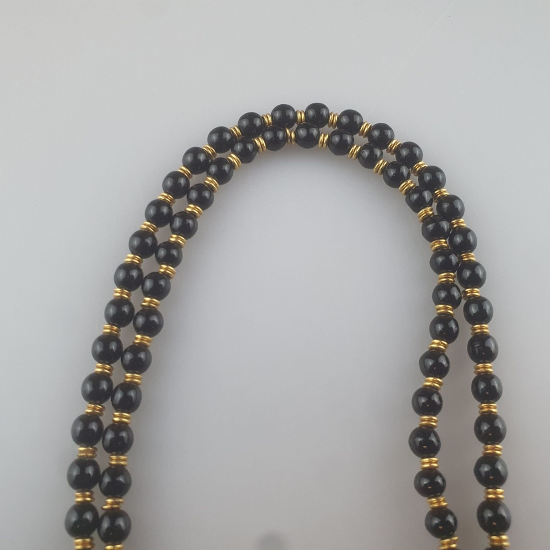Jugendstil-Halskette mit Libellen-Anhänger - Anfang 20. Jh., Kette aus runden Onyxperlen (Dm. 6 mm) - Bild 5 aus 7