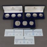Drei Olympia-Münzensets - 925/000 Silber, Olympische Spiele 1984 in Sarajewo, Jugoslawien, jeweils
