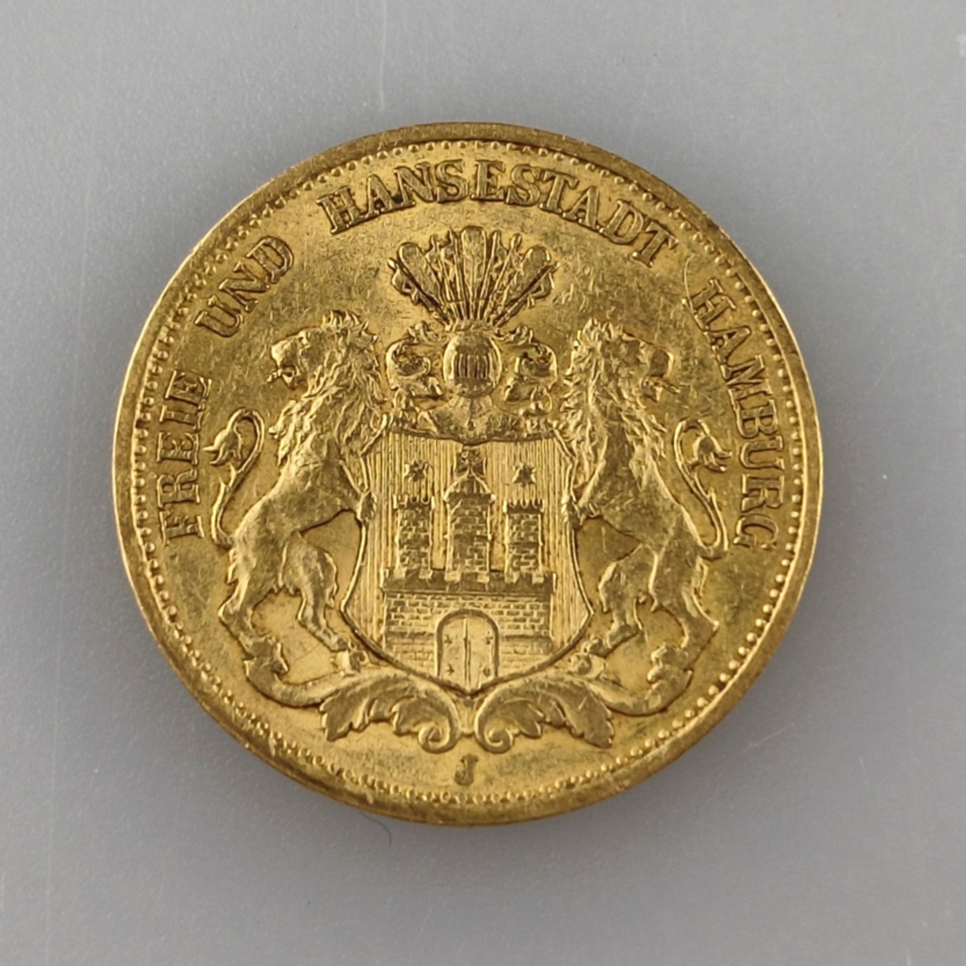 Goldmünze 20 Mark 1899- Deutsches Kaiserreich, Freie und Hansestadt Hamburg, 900/000 Gold, Prägemar
