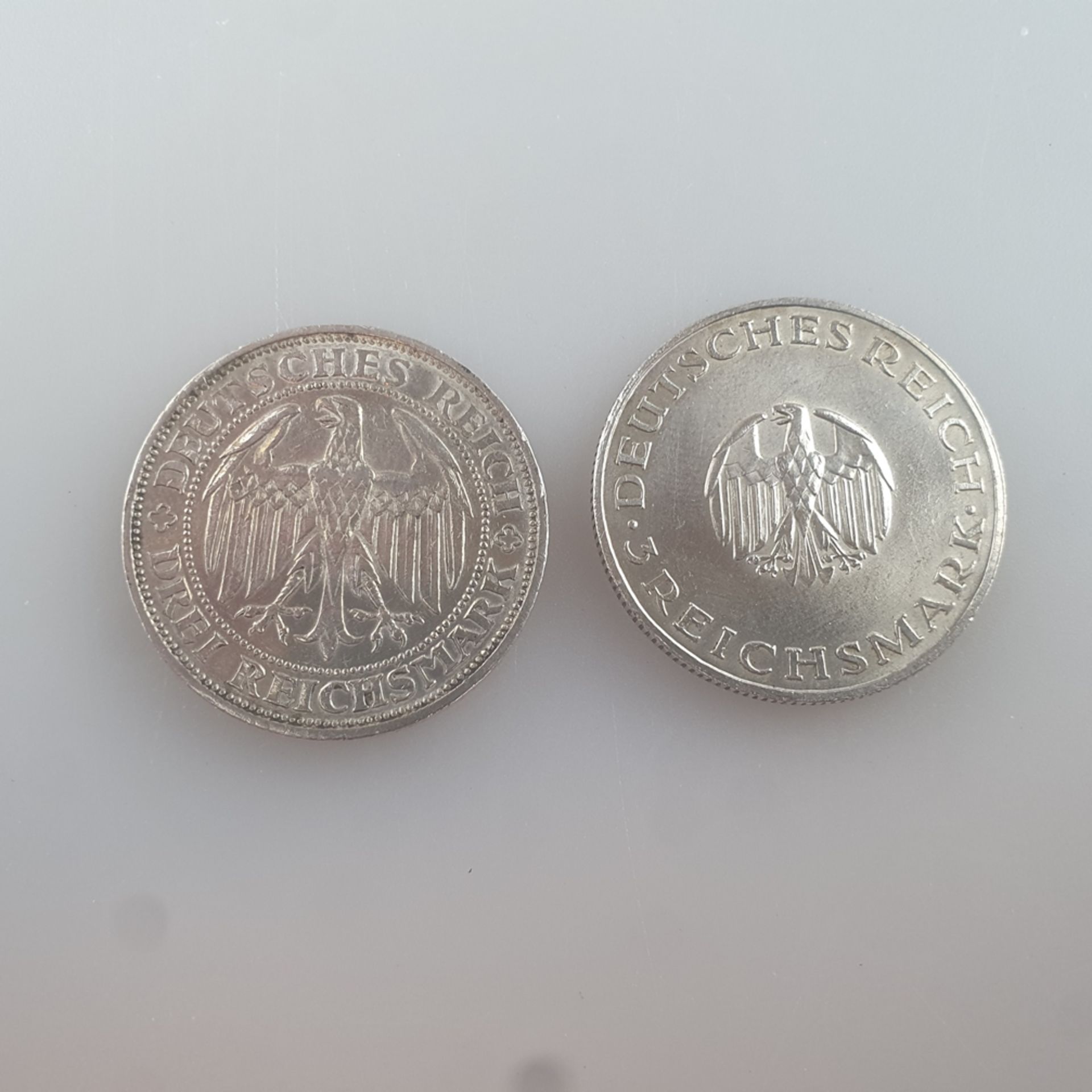 Zwei Silbermünzen 3 Reichsmark 1929 - Weimarer Republik, 500/000 Silber, jeweils Dm. 30 mm, Bruttog - Image 2 of 2