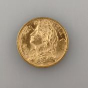 Goldmünze 20 Franken 1927 - Schweiz, Helvetia, "Vreneli"-Motiv, 900/000 Gold, Prägemarke B, Dm. 21m