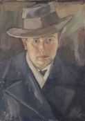 Monogrammist/in (20. Jh.) - Expressives Bildnis eines Mannes mit Hut, um 1932, Öl auf Leinwand, unt