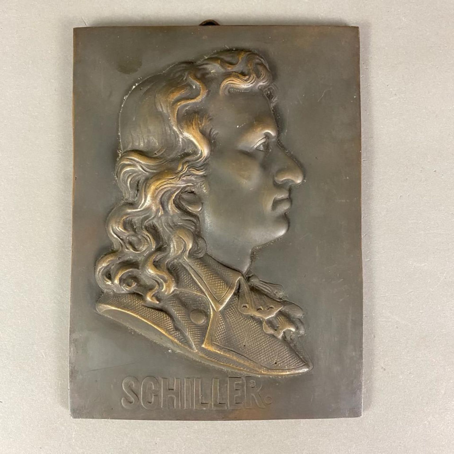 Reliefportrait "Schiller" - Bronze, braun patiniert, rechteckige Wandplakette mit Portrait Friedric